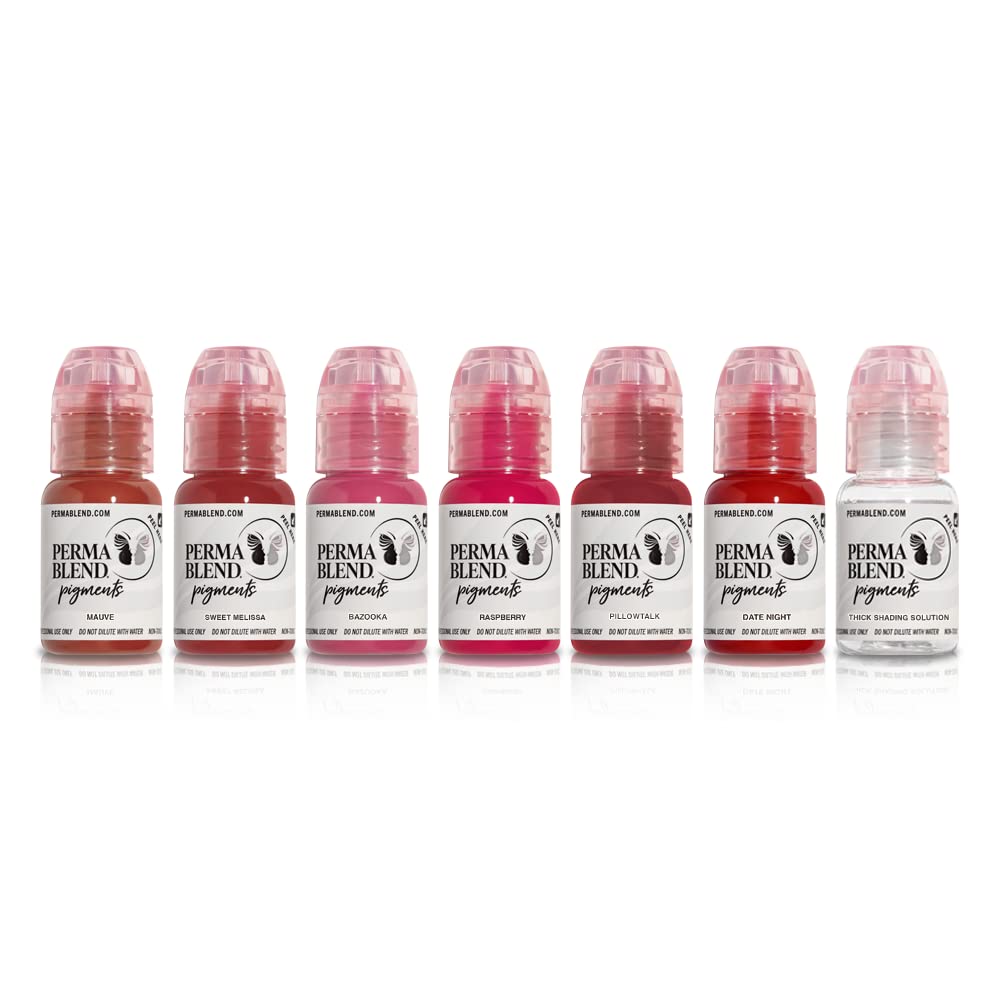 Perma Blend Sultry Lip Set - Pink & Red Tattoo Ink Set for Permanent Makeup - Tattoo Supplies for Lip Blush Microblading - 6 Pigments & Shading Solution - Vegan (0.5 oz Each)